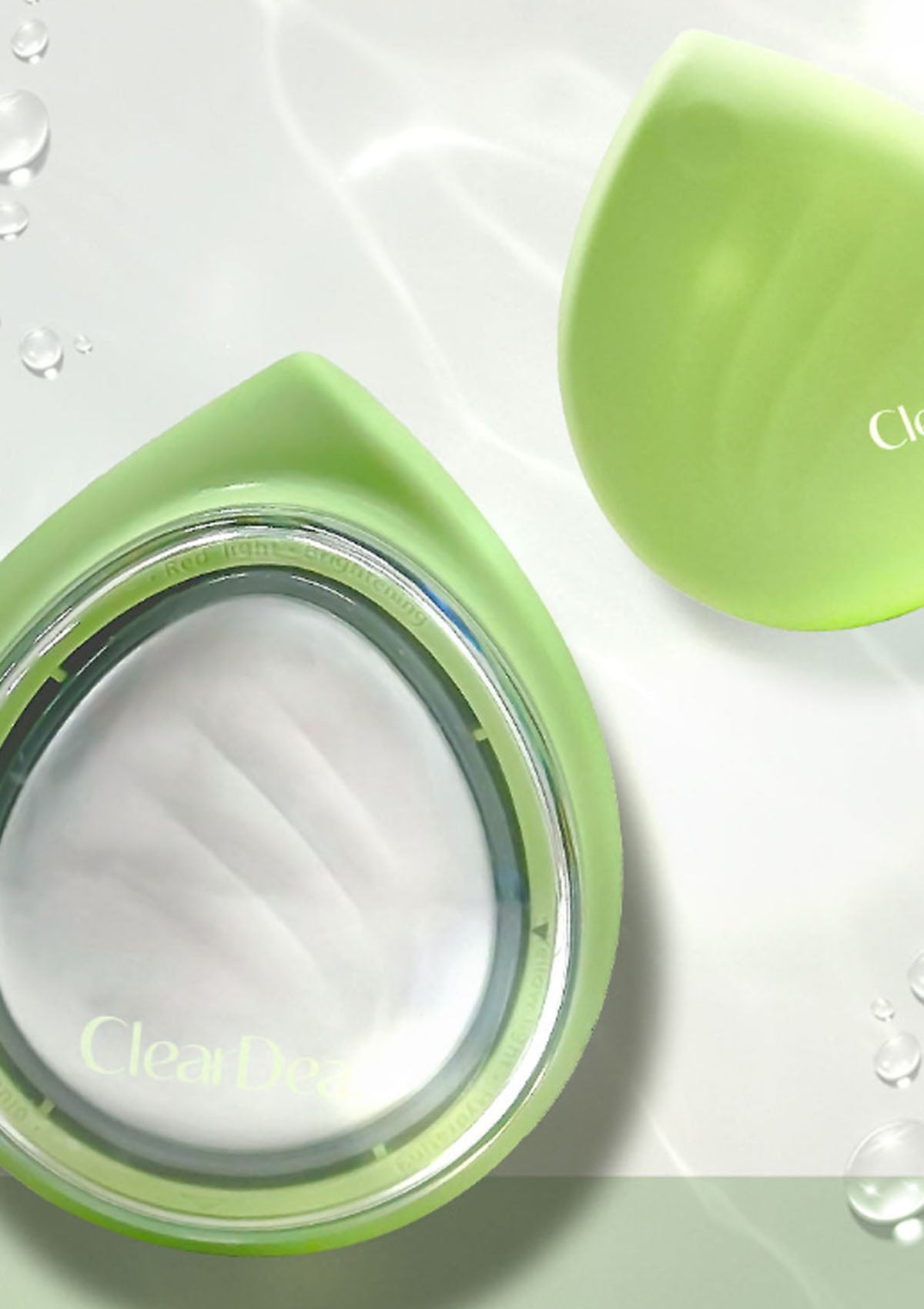Green skincare product container with a white lid on a light background